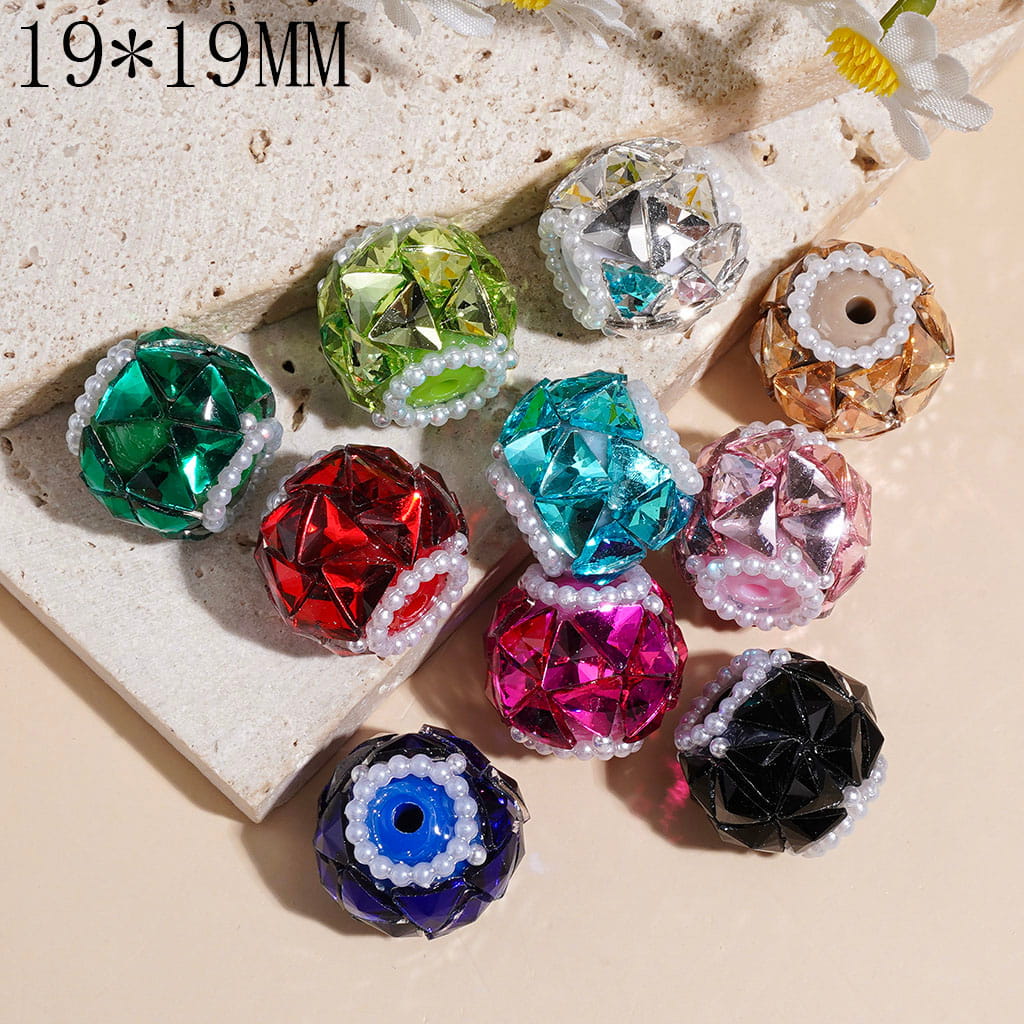 Handmade Acrylic Beads w Triangular Rhinestones, White Pearl Chains, 19*19MM Multi-Color Random Mix