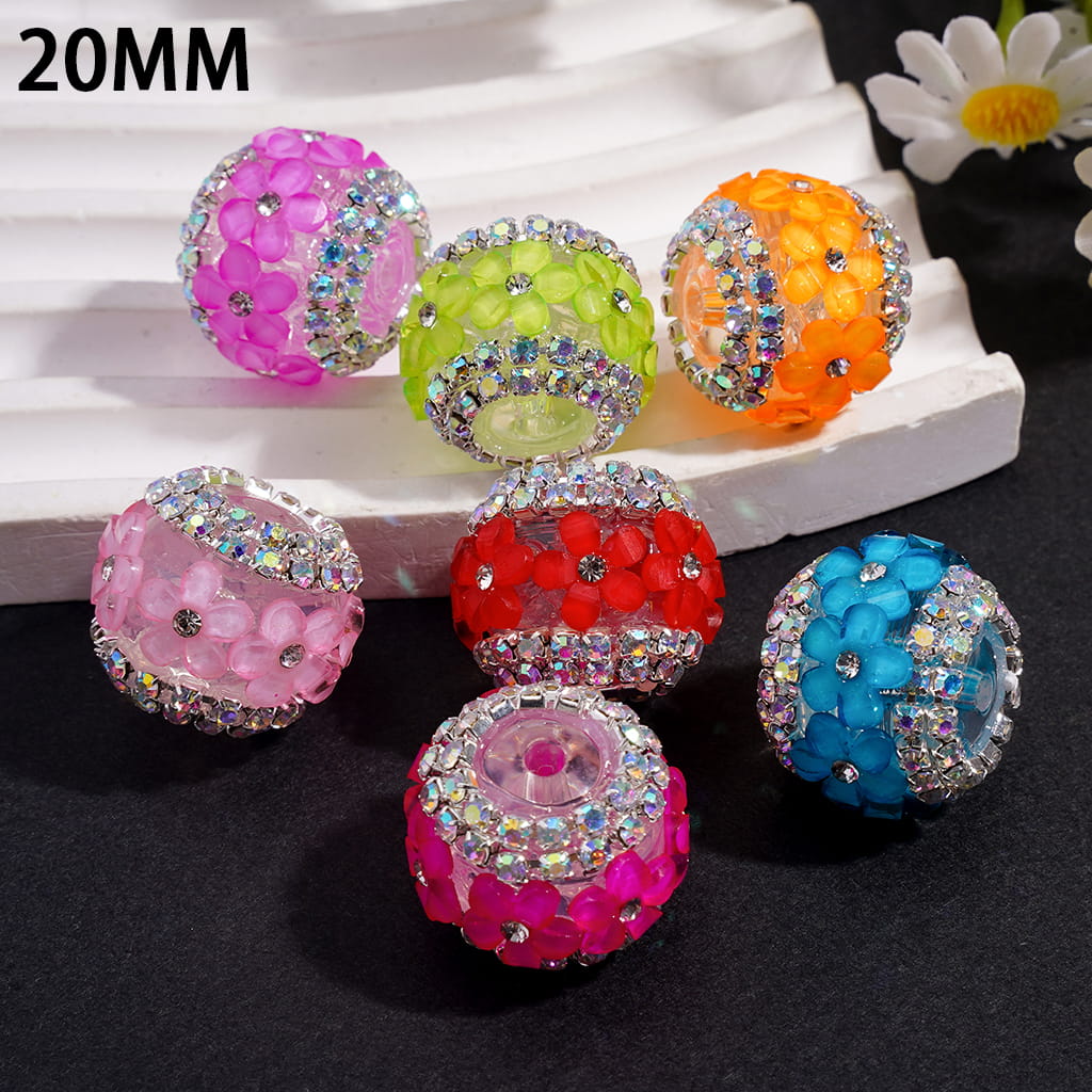Handcrafted Acrylic Beads with Glittery Flowers and Double Layer AB Rhinestone Chains, Neon Colors, 20MM, Random Mix
