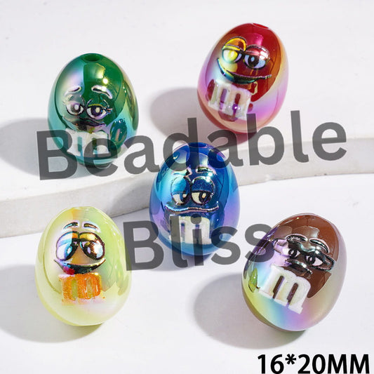 UV-Coated Acrylic Beads with Candy Chip Style Diverse Expressions Print, Oval Shape, 16*20MM, Multi-Color Random Mix