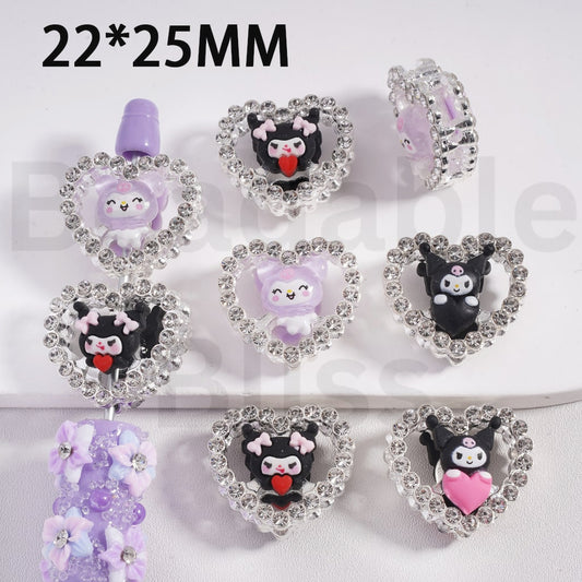 Fancy Silver Alloy Heart Frame Beads with Clear Rhinestones Cute Kurom Head, 22*25MM