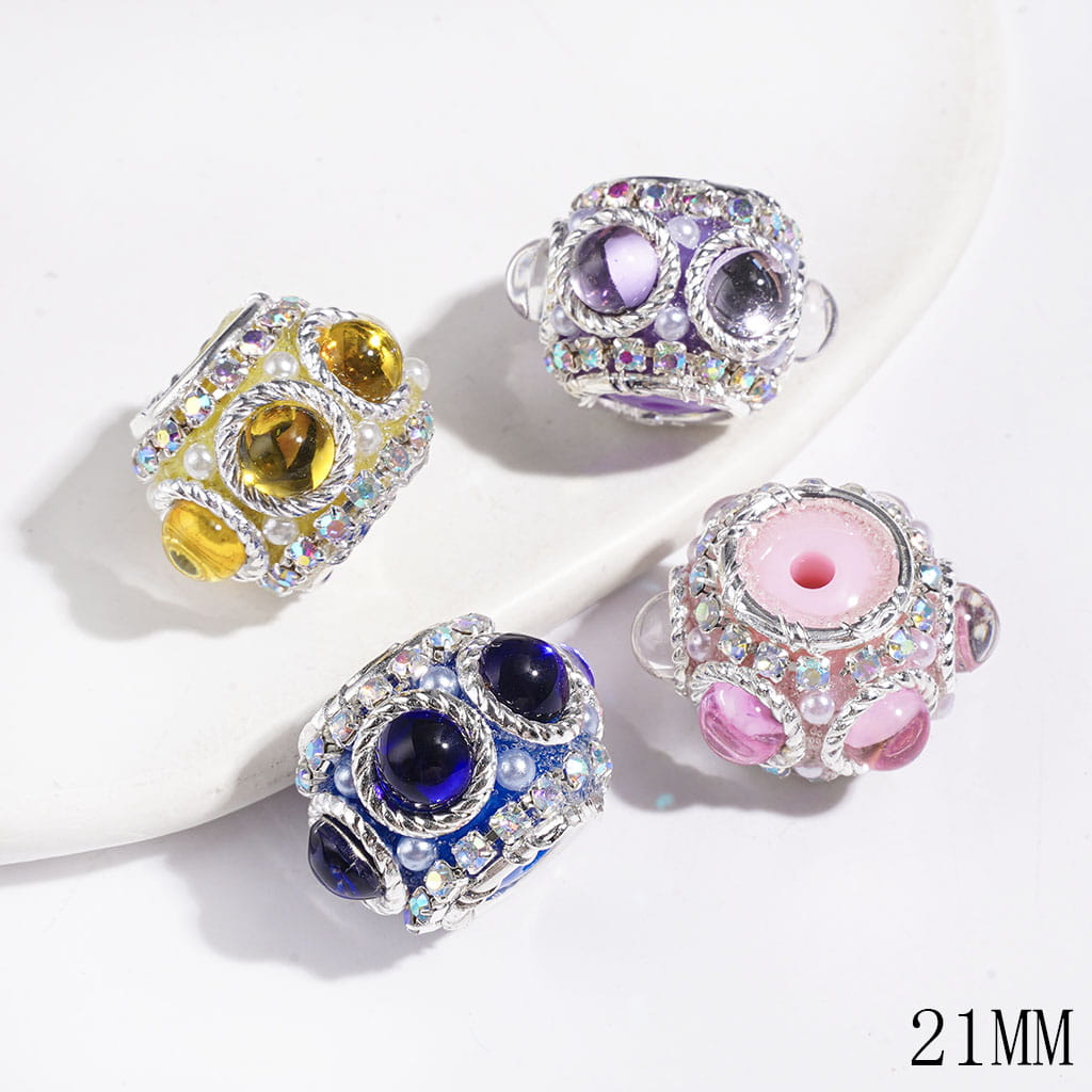 Handmade Acrylic Beads with Half-Round Crystal & Silver Alloy Round Loop, AB Rhinestone & White Pearl, 21MM, Multi-Color, Random Mix