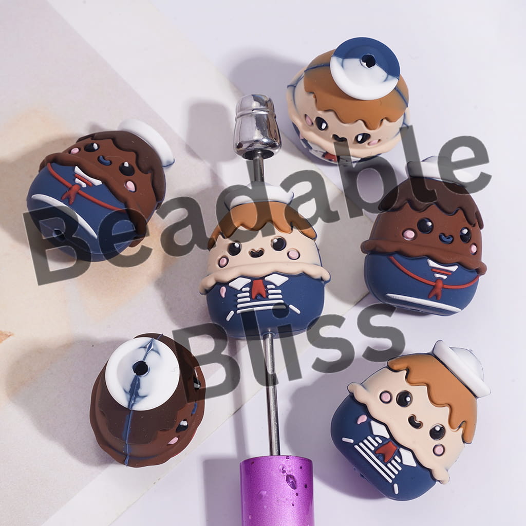 Silicone Focal Beads 3D Mini Ice Cream Cone Shaped Classic Character with Sailor Hat Uniform, Horror Series