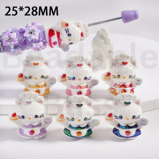 Acrylic Beads UV Coating Cute Chef Hello Kitt Holds Cake Lolipop, 25*28MM, Random Mix