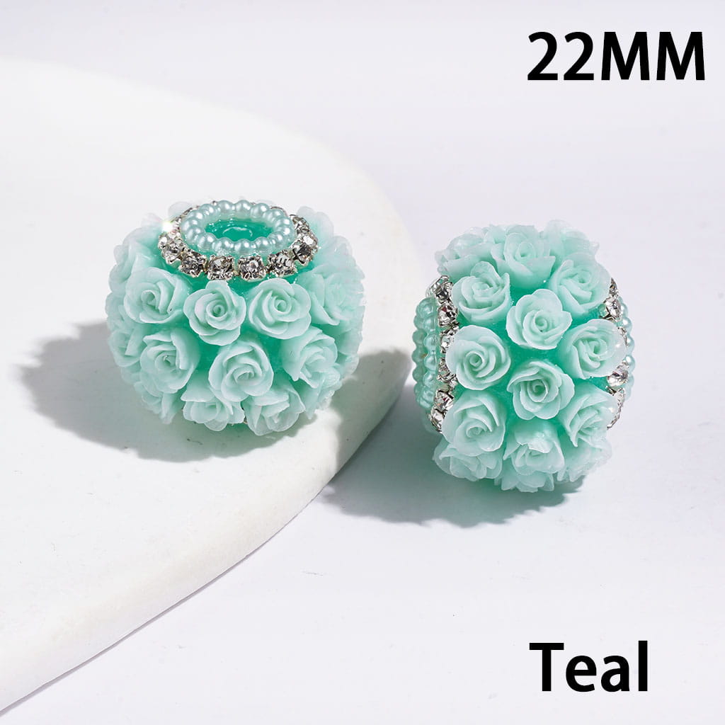 Handmade Acrylic Beads with Rose Flower, White Pearl & Silver Metal Chains with Clear Rhinestone, 22MM Multi-Color