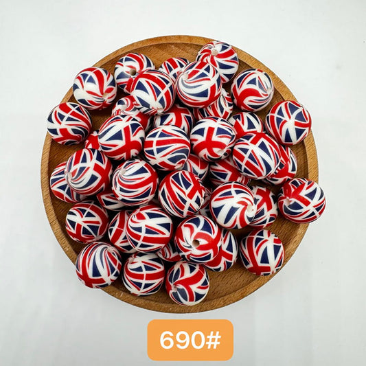 Printed Silicone Beads Soft Round with Union Jack Flag Prints, 15MM, Number 690