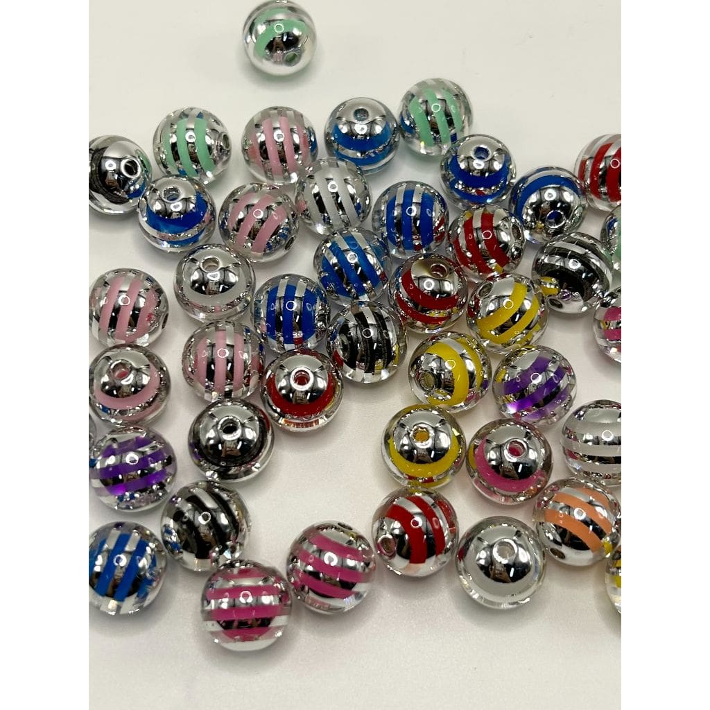 Colorful Acrylic Beads with Silver Stripe, Random Mix Color