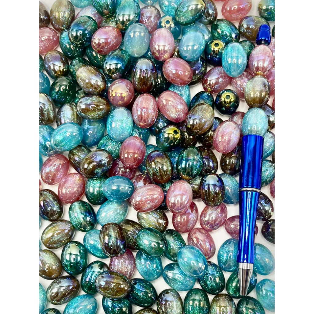 Extra Glittery Acrylic Beads, Glossy Oval, 14mm by 18mm, Deep Sea Mermaid