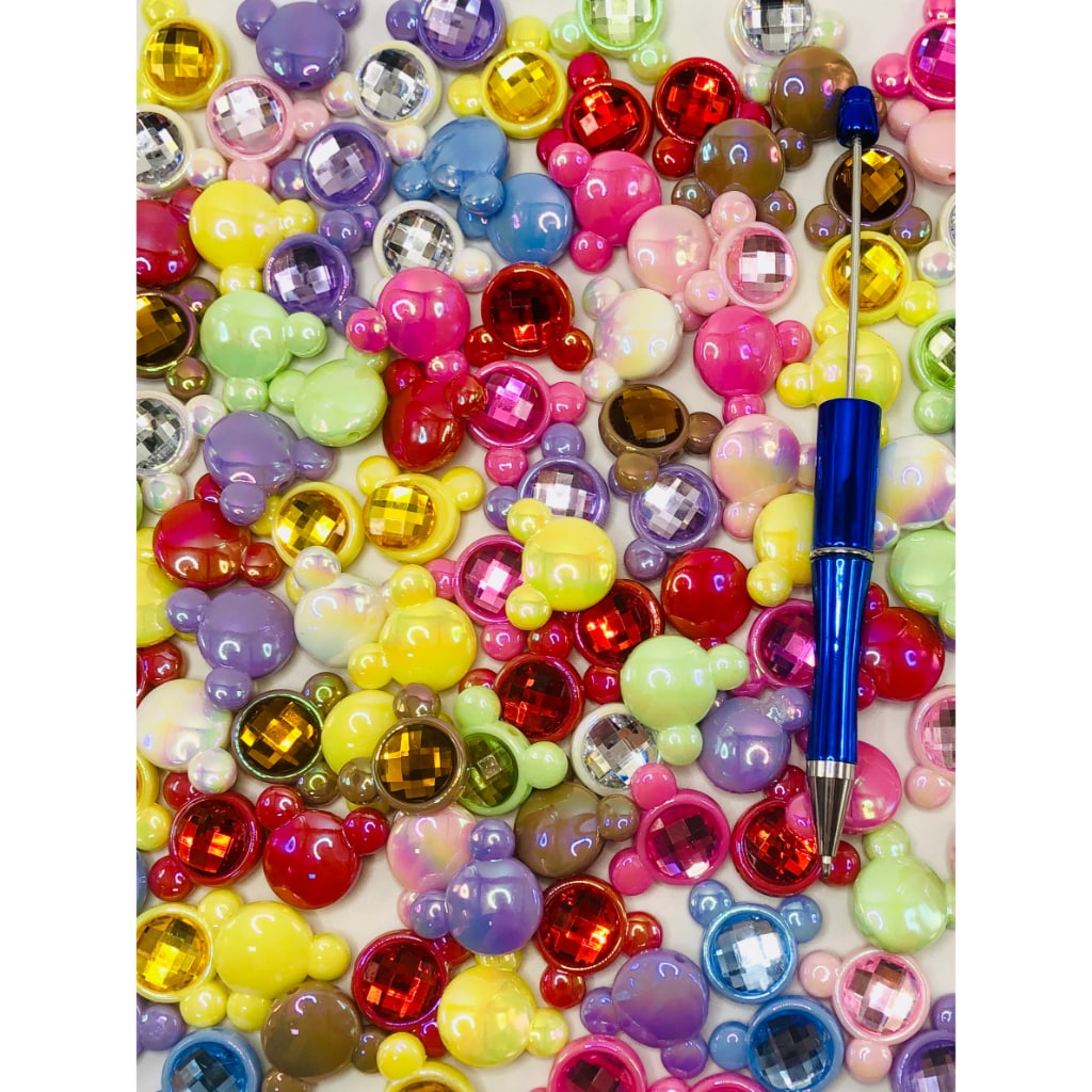Cartoon Mouse Acrylic Beads with Rhinestones, Solid Candy Colors, UV Finish, Random Mix, WQ