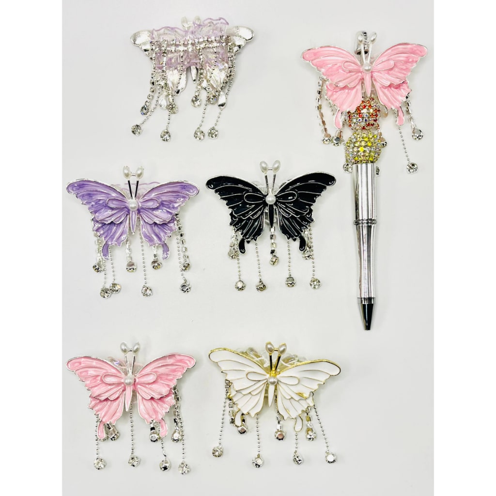 Acrylic Beads with Alloy Butterfly Charms, Rhinestones, Pearls, Dangle Chains, ZY
