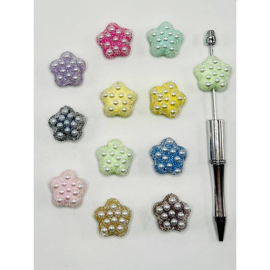 Star Shaped Sugar Beads with Flat Back Pearls, 26mm by 15mm, MG