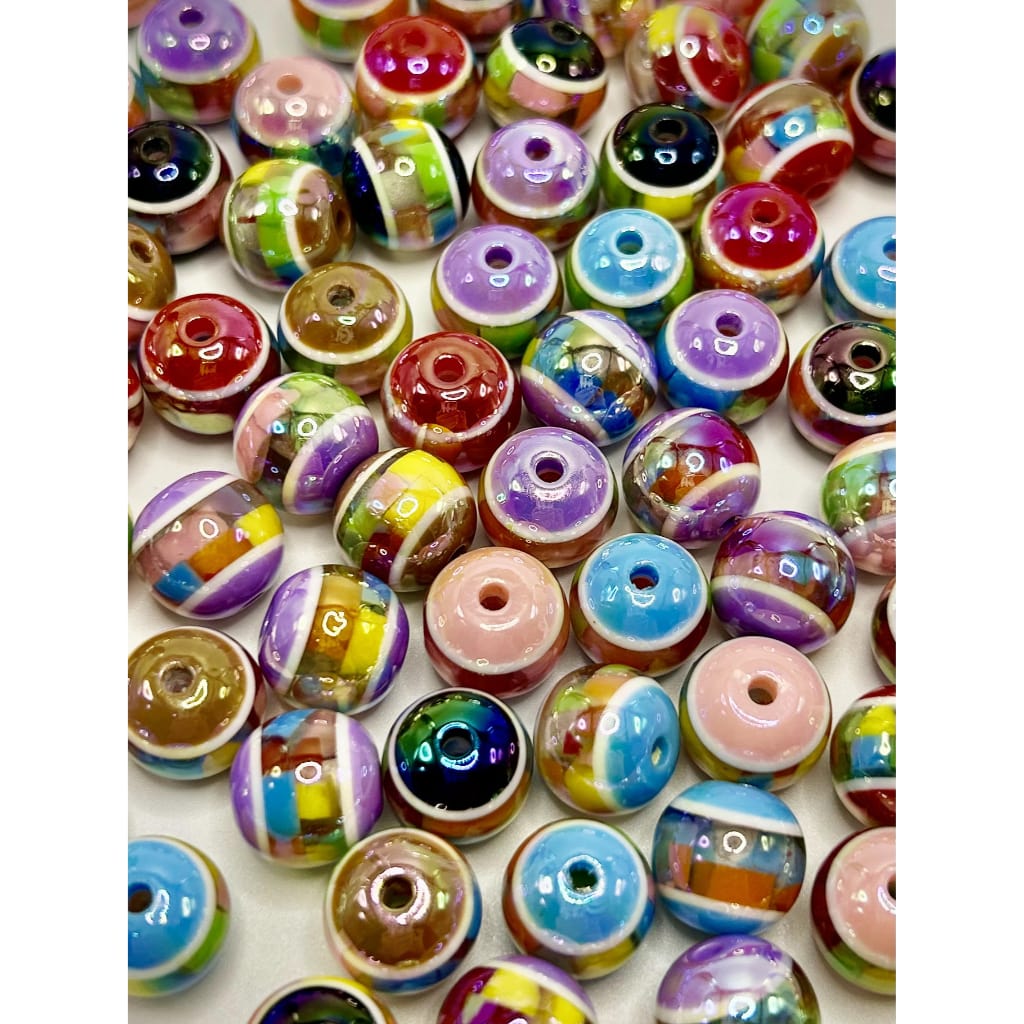 Glossy Colorful See Thru Multicolor Striped Acrylic Beads 14mm