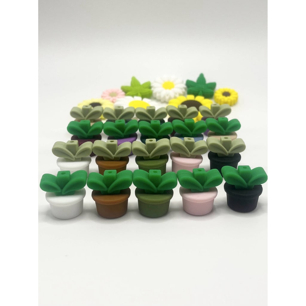 Flower Pot Green 3D Silicone Focal Beads