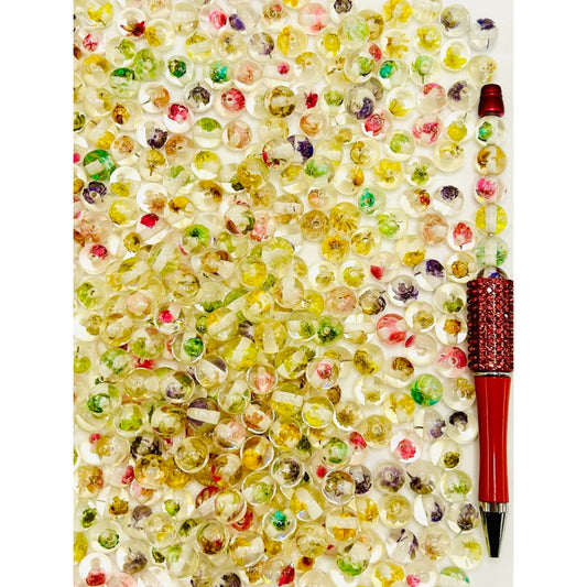 かわいい透明アクリルビーズ、中に花が入っています、10mm、ランダムミックス、WM