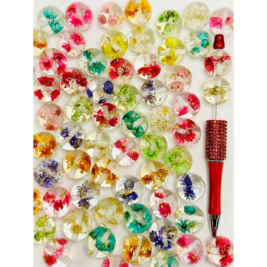 かわいい透明アクリルビーズ、花と金色の紙吹雪入り、20mm、ランダムミックス