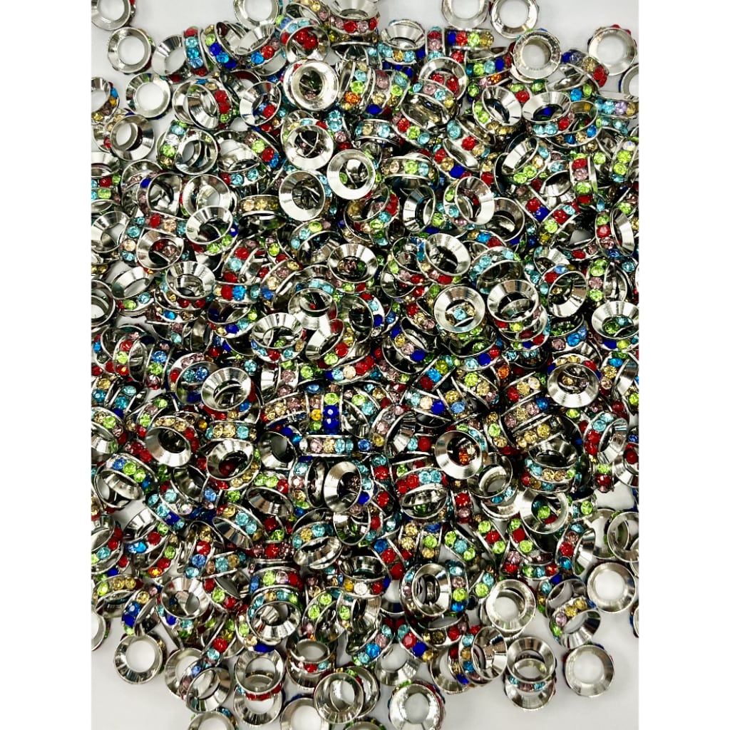 Spacers with Silver Color Metal and Multi Colored Rhinestones 15mm