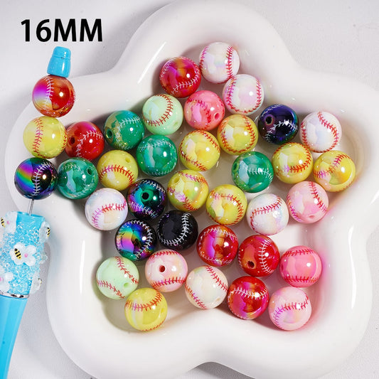 UV Coating Sports Baseball Acrylic Beads in Solid Colors, Random Mix, 16MM