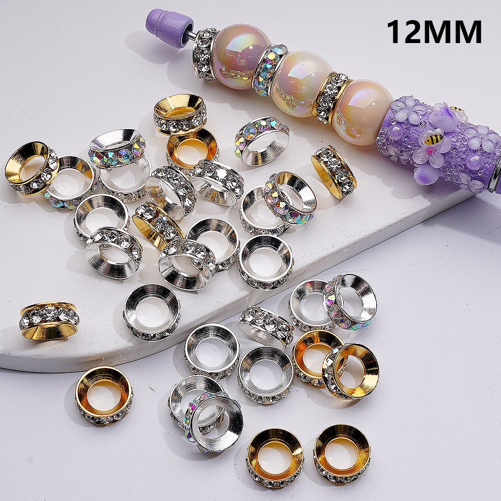 Set of decorative beads and rings on a white surface with '12MM' text.

