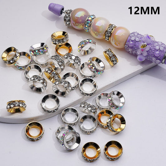 Set of decorative beads and rings on a white surface with '12MM' text.

