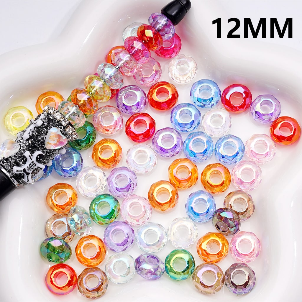 Assorted colorful beads in a bowl with a close-up of a bead and '12MM' text.

