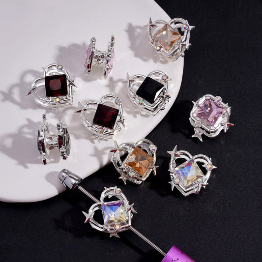 Alloy Heart & Square Frame Beads with Diamond Shaped and AB Rhinestones Stars, Multi-Color, Random Mix