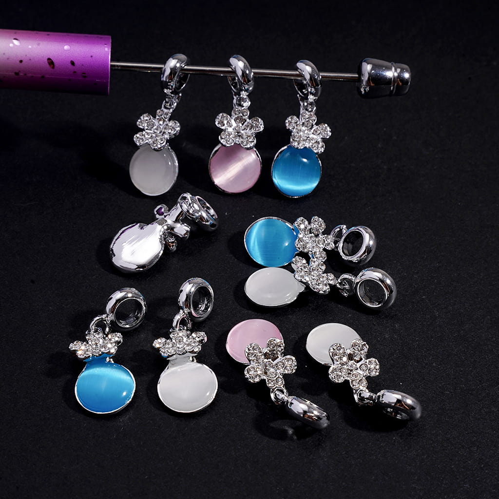 Silver Metal Bail Loop Beads with Charm Pendants Flower & Cat Eye Style Flat Round Rhinestone, Large Hole, Jewelry Accessories, Random Mix