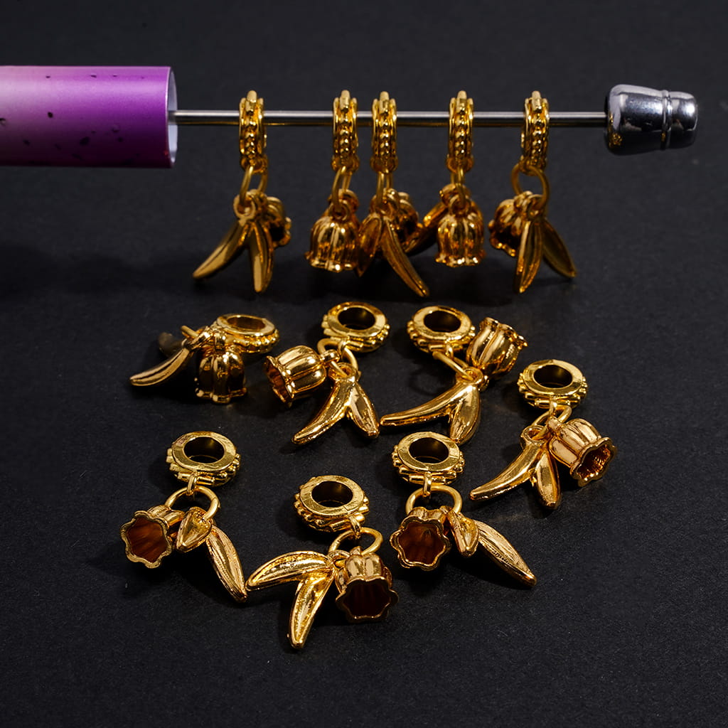 Gold Metal Bail Loop Beads with Charm Pendants Chinese Bellflower and Leaf
