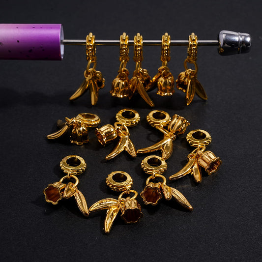 Gold Metal Bail Loop Beads with Charm Pendants Chinese Bellflower and Leaf