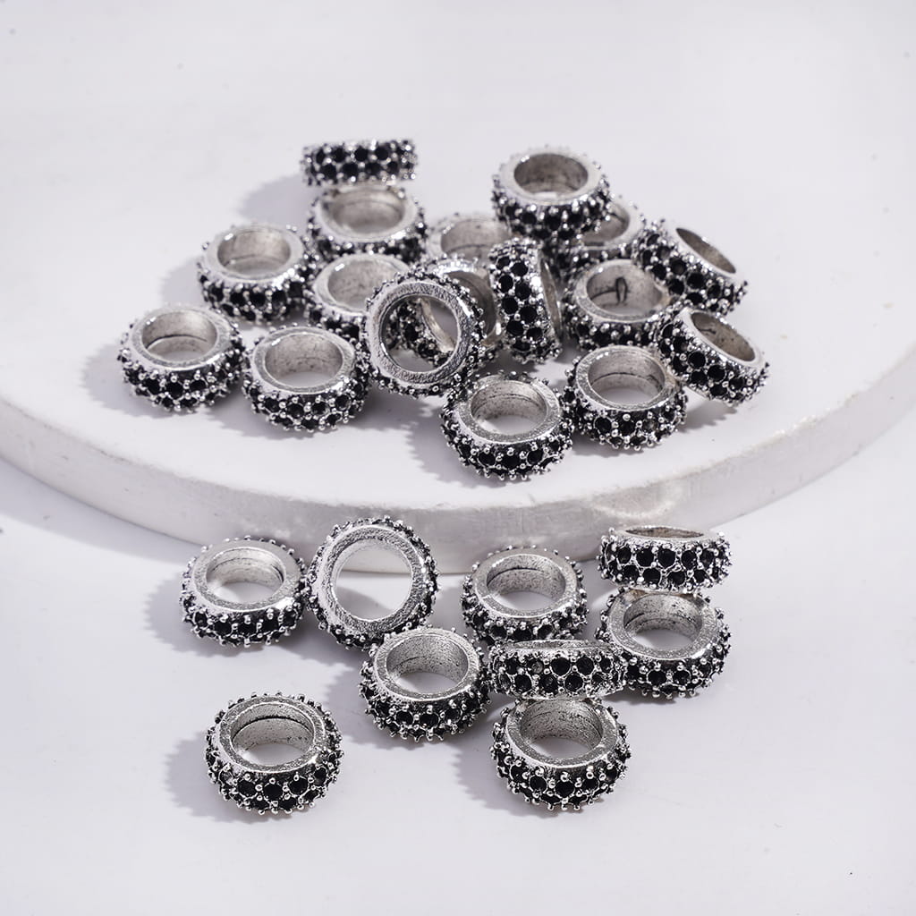 Alloy Beads with Silver Black Filigree Design, Big Hole Beads, 11MM (The Hole Diameter is Around 6.5MM)