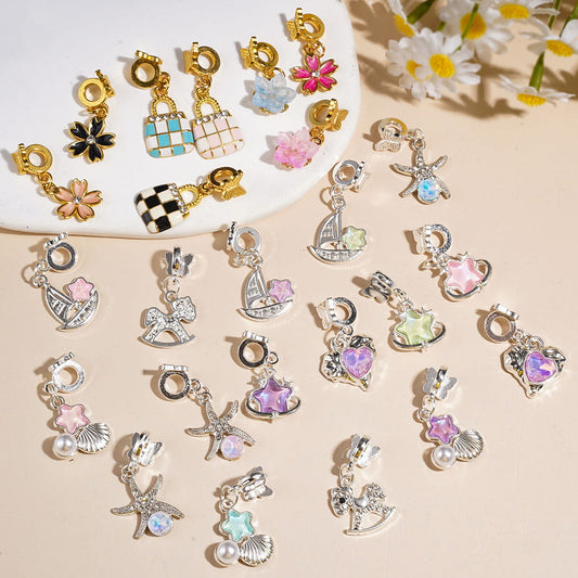 Alloy Bail Beads with Butterfly Series, Charm Pendants Heart Shell Star Flower Sailboat Handbag, Jewelry Accessories, Random Mix, Silver and Gold