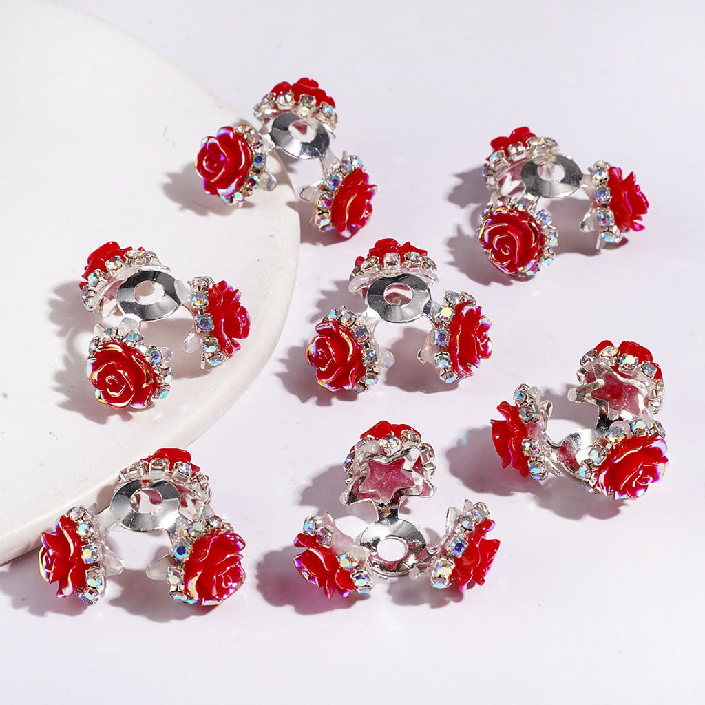 Alloy Bead Cap Cage with UV-Coated Red Rose Flower & AB Rhinestones Chains (They Fit 14MM Beads)