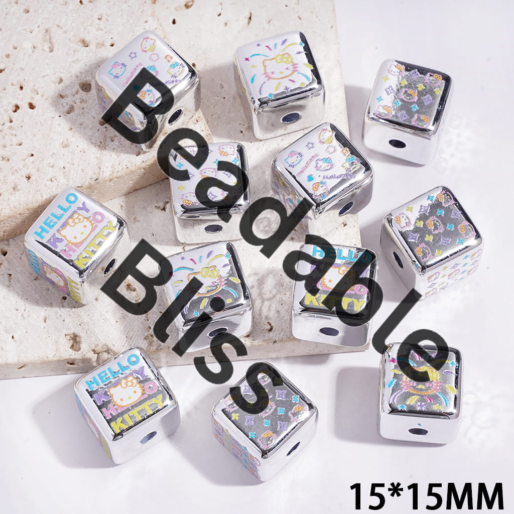 Acrylic Beads with Fashionable Cute Cat Character Pattern, 15*15MM, Cube Square Shape, Random Mix