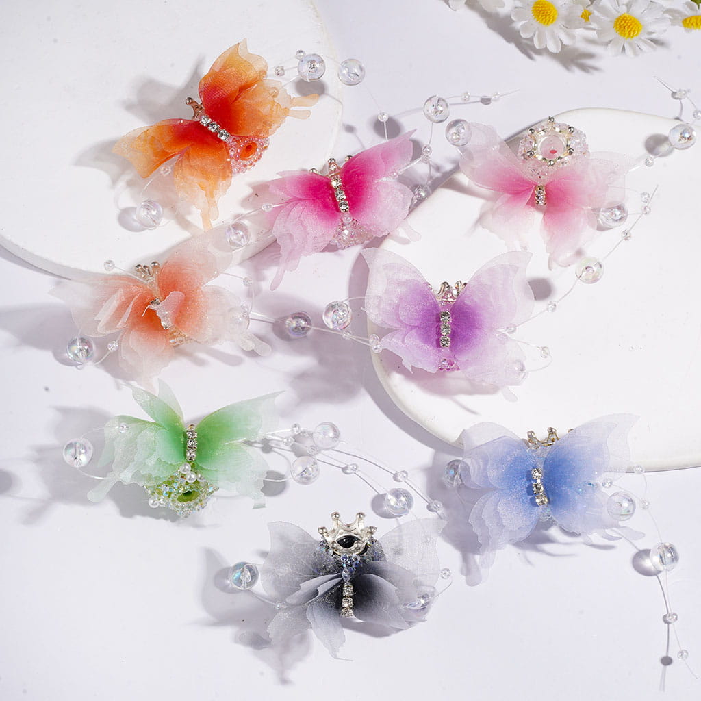 Acrylic Sugar Beads w Shiny Rhinestone & White Pearl, Metal Crown & Clear Ball Chains, Lace Fabric Butterfly & Transparent Strings w Balls, Random Mix Multi-Color