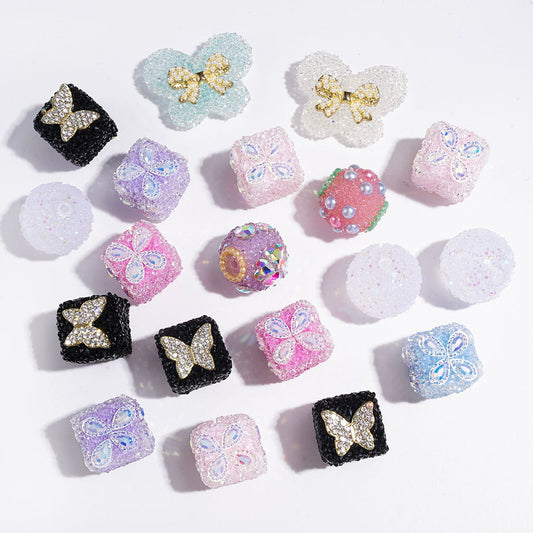 Sugar Beads Theme, Square Butterfly Round Shape Beads with Rhinestones or Metal Butterfly or White Pearls, Random Mix