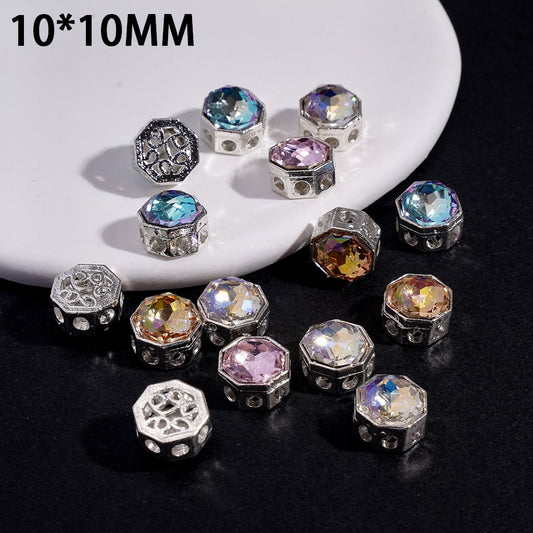 Alloy Octagon Beads w Rhinestone, Hollowed Floral Scroll Texture on Back, 10*10MM, Multi-Color Random Mix (Can't Used for Pen)