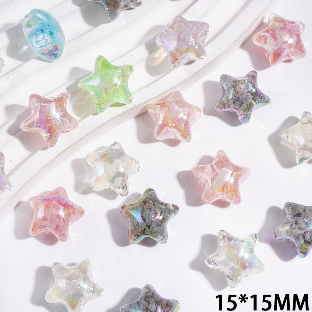 UV Finish Star with Abstract Cloud Acrylic Beads, 15*15MM, Semi-Clear, Multi-Color, Random Mix