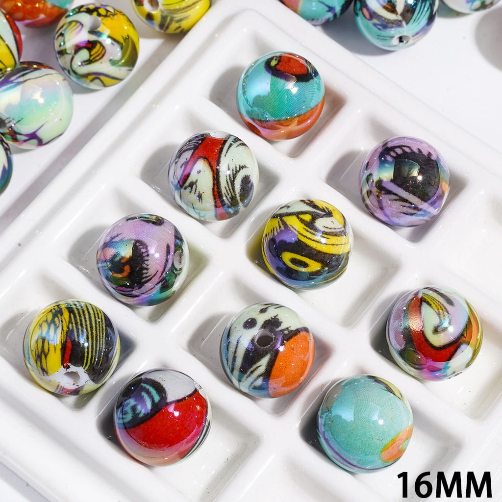 Abstract Artistic Style UV-Coated Acrylic Beads for Bracelets, 16MM, Random Mix
