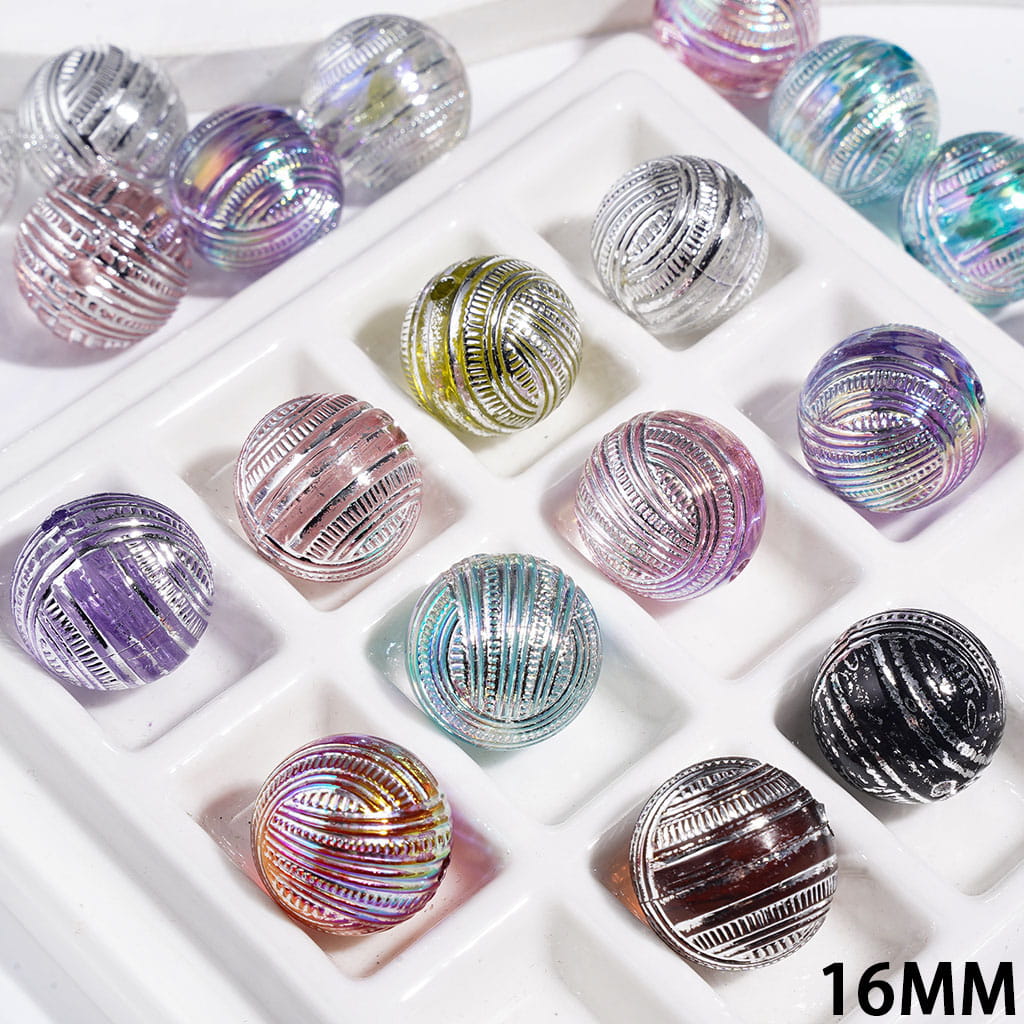 Acrylic Beads for Bracelets with Silver Traditional Stripes Texture, UV Finish, 16MM, Multi-Color, Random Mix