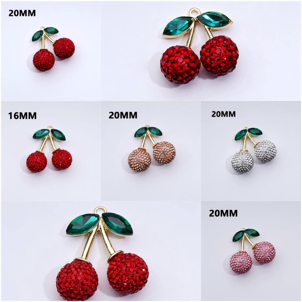 A collection of gold alloy pendants designed to look like strawberries with green leaves and red fruit, available in various sizes.

