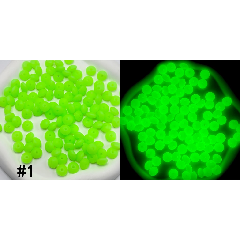 Green beads on a white plate with a close-up of glowing green beads underneath black light.

