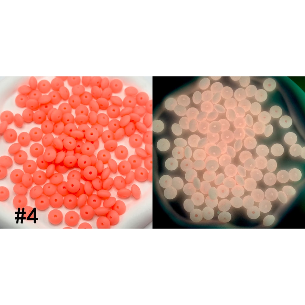Two images of orange beads, one on a white background and the other under a microscope.

