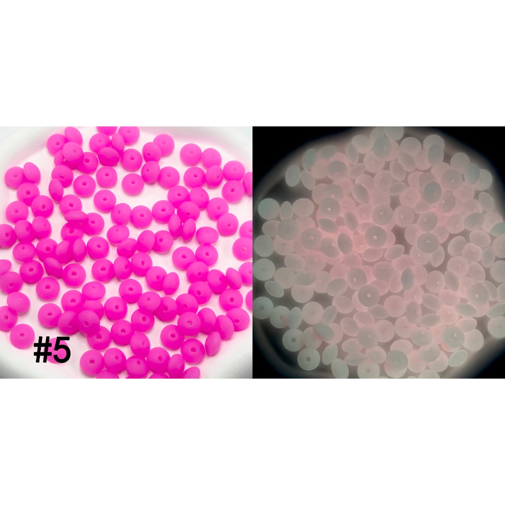 Two images of pink beads, one on a white background and the other under a microscope.

