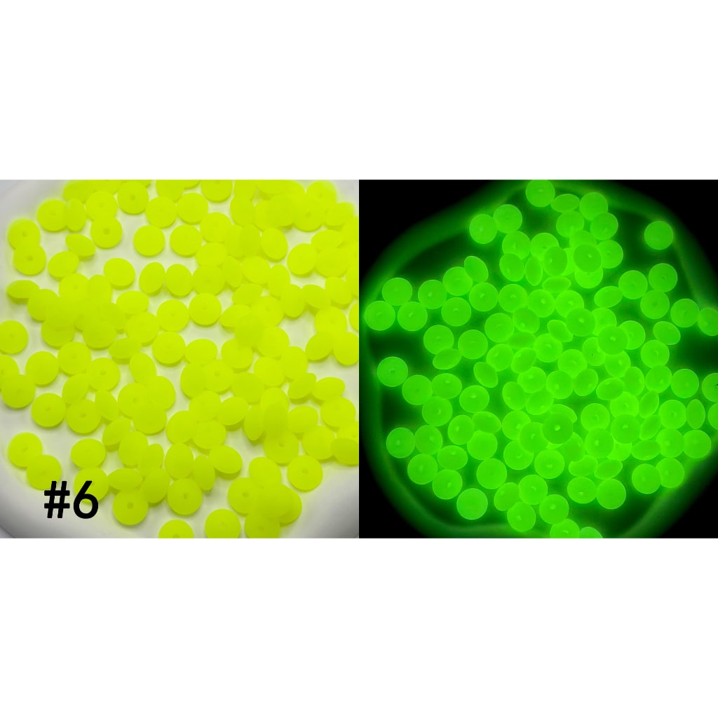 Glow-in-the-dark beads labeled '#6' on a white background.

