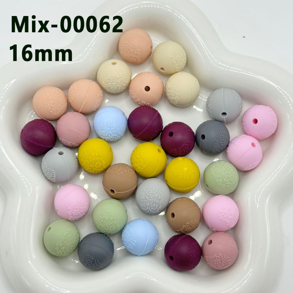 A collection of round silicone beads in various colors including beige, gray, yellow, pink, and more, with a hole in the center for stringing purposes.


