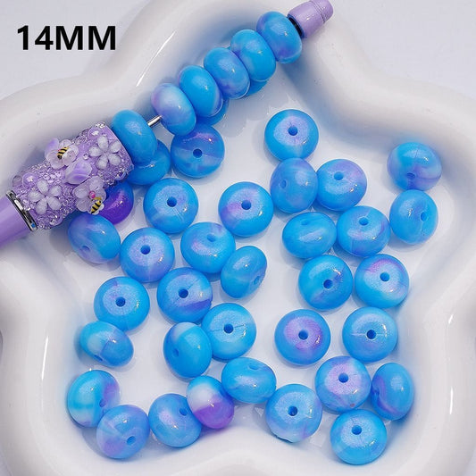 Blue and purple beads on a white dish with '14MM' text.


