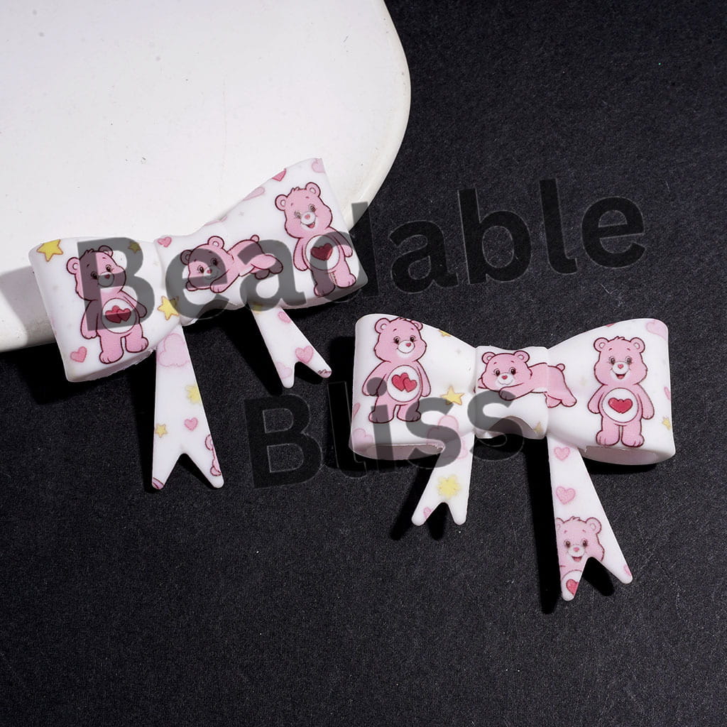 UV-Printed Soft Bowtie with Pink Bear Red Heart Star Printed Silicone Focal Beads, 53*59MM