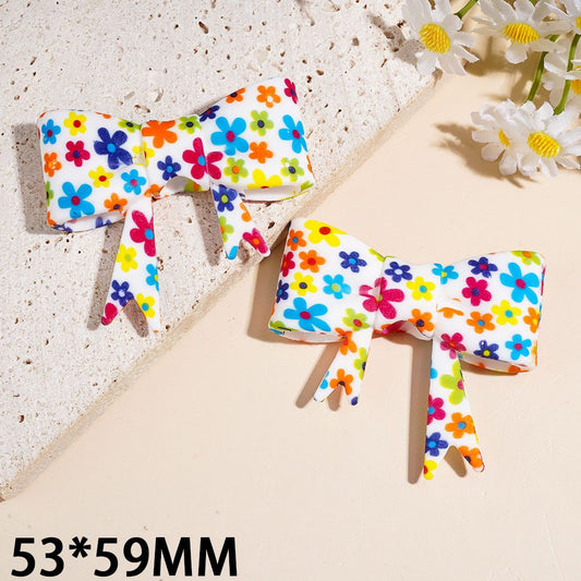 Soft Bowtie with Diverse Colors Flowers Printed Silicone Focal Beads, 53*59MM