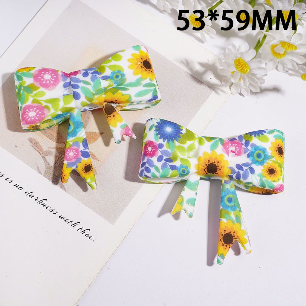 Soft Bowtie with Sunflower Pink Blue Flowers and Leaf Printed Silicone Focal Beads, 53*59MM
