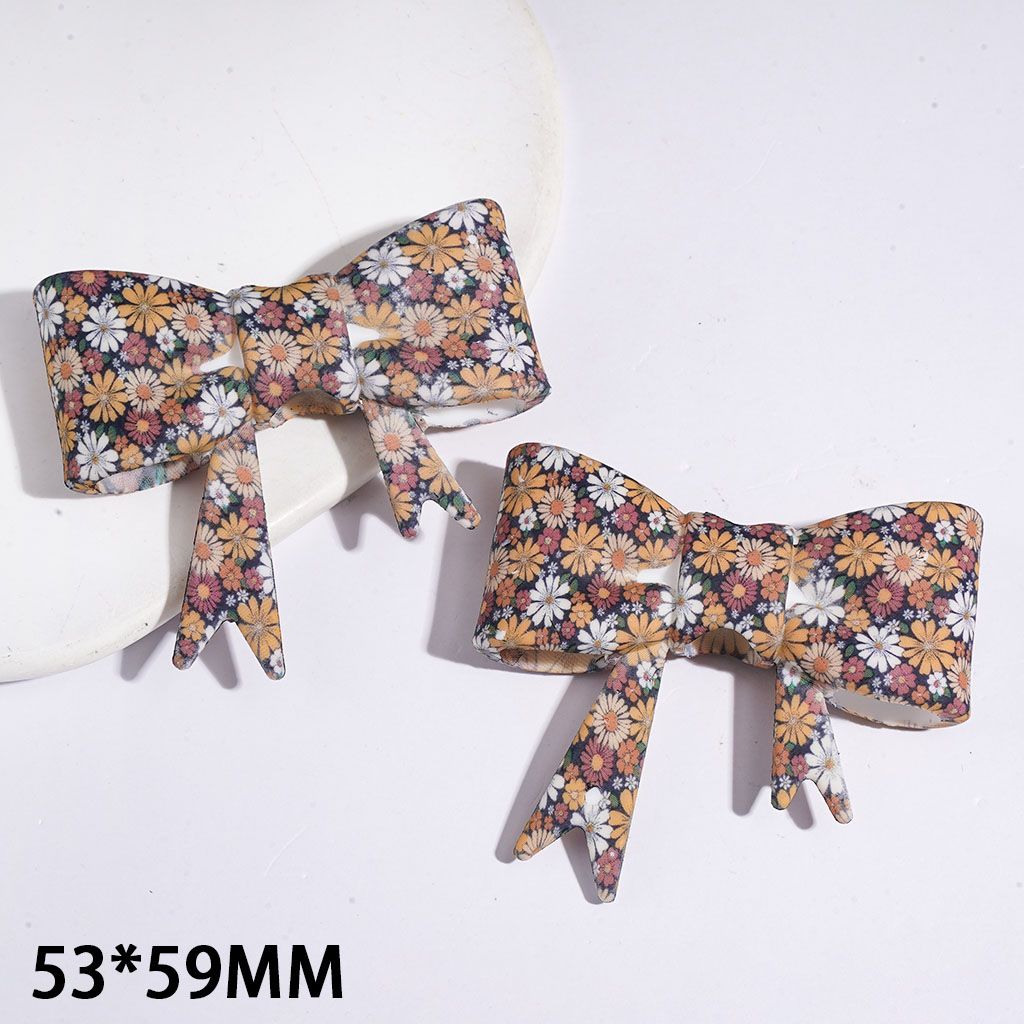 Silicone Focal Beads Soft Bowtie with Dusty Yellow Red White Daisy Flower and Green Leaves, 53*59MM