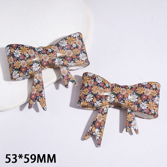 Silicone Focal Beads Soft Bowtie with Dusty Yellow Red White Daisy Flower and Green Leaves, 53*59MM
