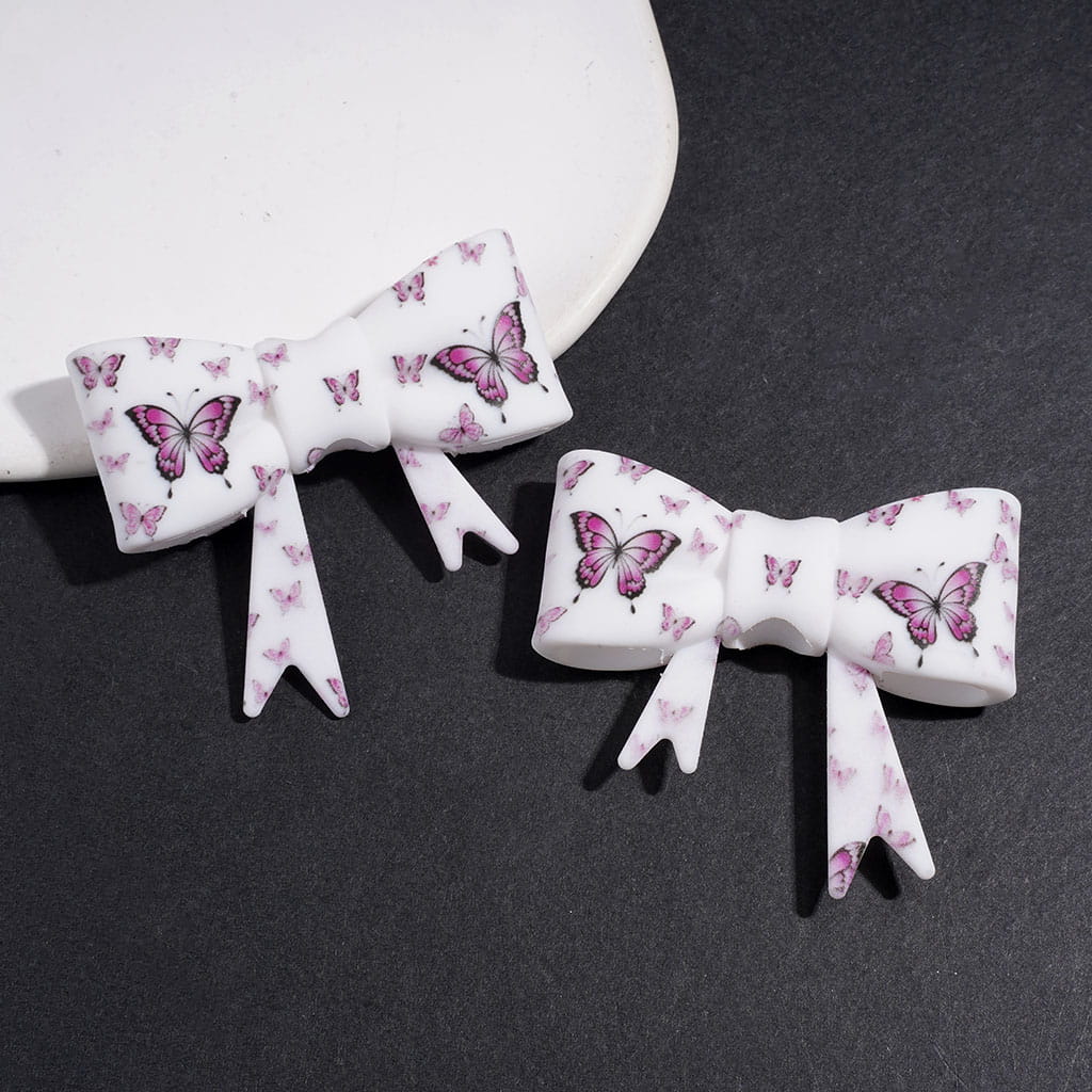 UV-Printed Silicone Focal Beads Soft Bowtie with Rose Red Purple Butterfly Pattern, 53*59MM